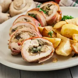 Roladki z piersi kurczaka z pieczarkami, zawinięte w boczek, podane z pieczonymi ziemniakami.