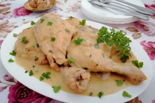 Pyszna potrawka z kurczaka babci w kremowym sosie, udekorowana natką pietruszki. Smak dzieciństwa na talerzu.