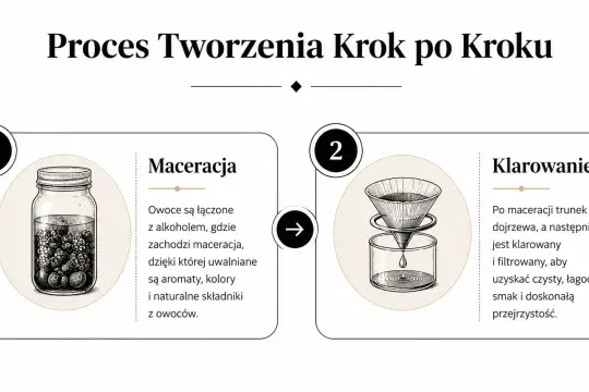 Proces tworzenia tradycyjnej nalewki z malin: maceracja owoców z alkoholem i klarowanie trunku.