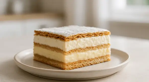 Pyszne ciasto 3 bit z mascarpone i budyniem, posypane cukrem pudrem, na talerzyku.