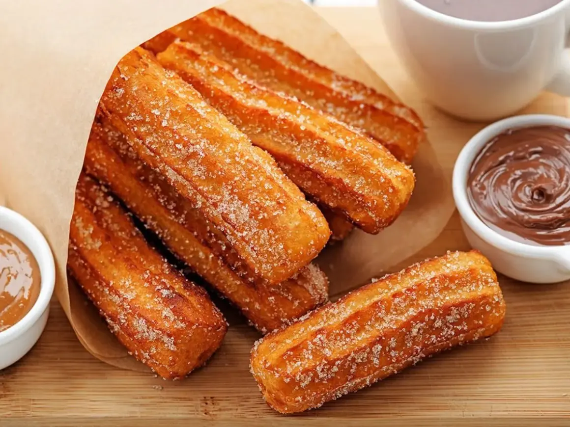 Churros przepis oryginalny: złociste, posypane cukrem paluszki z ciasta smażonego na głębokim tłuszczu, podane z czekoladą i karmelem.