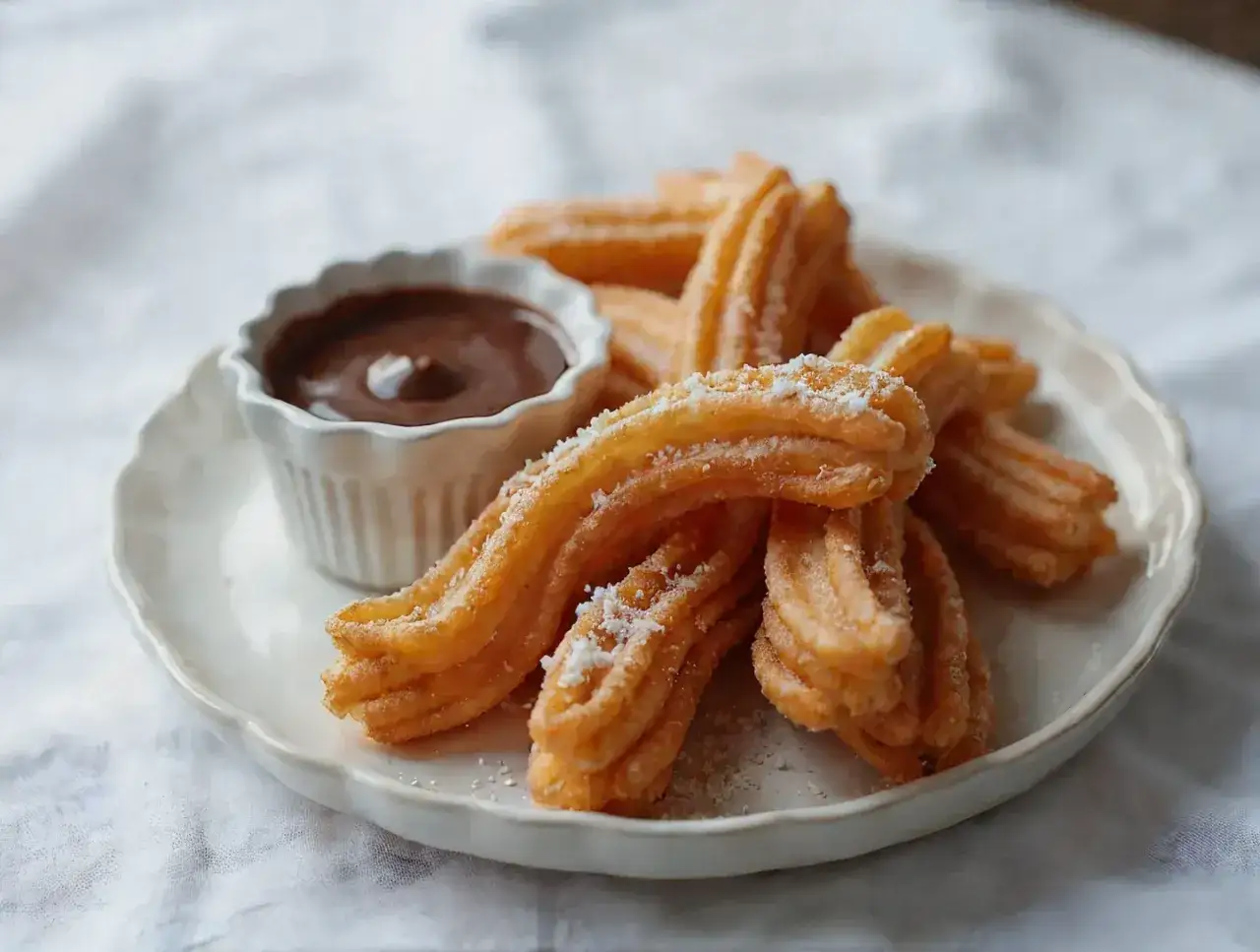 Churros przepis oryginalny na talerzu z czekoladą. Pyszne, chrupiące ciastka posypane cukrem pudrem.